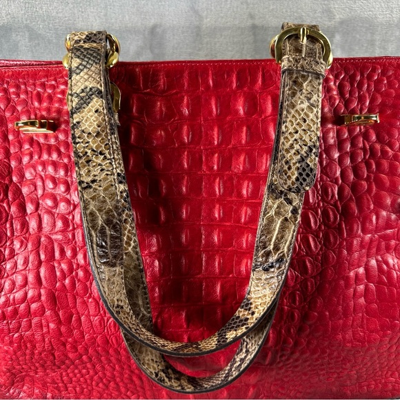 Fontanelli Handbag Purse Red Leather Croc Embossed w/ Snake Skin Trim - Picture 13 of 14